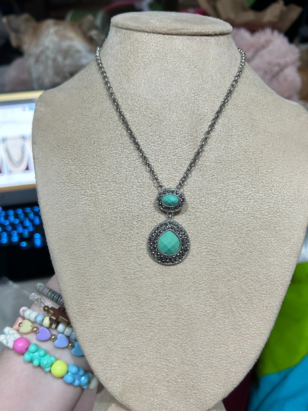 Vintage Trifari Faux Turqoise Marcasite Teardrop Pendant Necklace